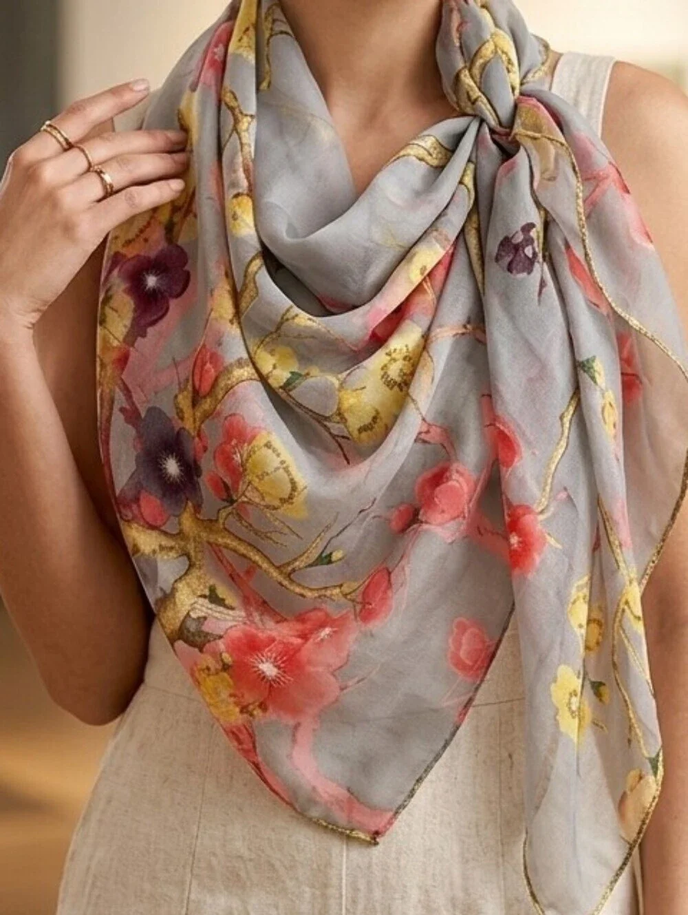 Pink Cherry Blossom Yellow Floral Lightweight Scarf Chiffon Shawl Wrap 63